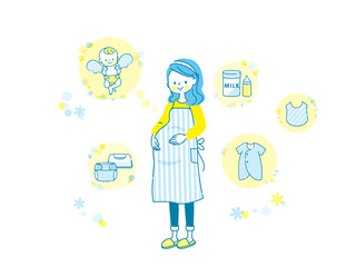 出産の準備を考える妊婦とベビー用品セット
