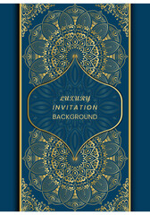 Gold vintage greeting card on a blue background. Decorative ancient Mandala background. Design for invitation wedding card, invite, backdrop cover, flyer, menu, brochure, postcard, background.