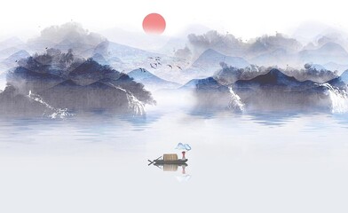 Blue Chinese style simple landscape background