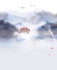 Blue Chinese style simple landscape background - obrazy, fototapety, plakaty