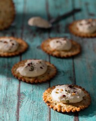 Macro shot of cream cheese on salted crackers
