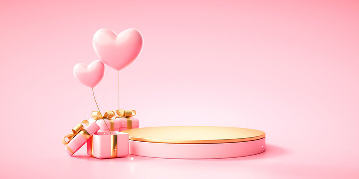Pink podium pedestal product stand with gift box with gold ribbon and heart balloon surprise valentines or birthday mother day wedding on pastel pink background