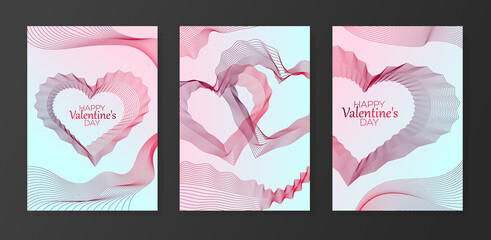 Happy valentine's day greeting cards set with wavy lines. Volumetric 3D hearts. Vector format.