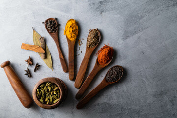 Flatlay of spices on wooden spoons. 