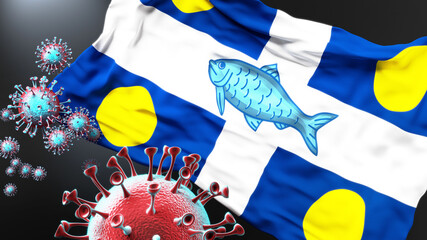 Covid in Fortune Newfoundland and Labrador - coronavirus attacking a flag of Fortune Newfoundland and Labrador as a symbol of a fight and struggle with the virus pandemic in this city, 3d illustration