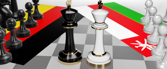 Germany and Oman - talks, debate, dialog or a confrontation between those two countries shown as two chess kings with flags that symbolize art of meetings and negotiations, 3d illustration