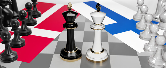 Denmark and Finland - talks, debate, dialog or a confrontation between those two countries shown as two chess kings with flags that symbolize art of meetings and negotiations, 3d illustration
