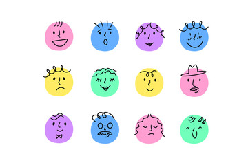  Comic simple Faces with various Emotions. Round Crayon drawing style. Colorful cartoon and trendy 