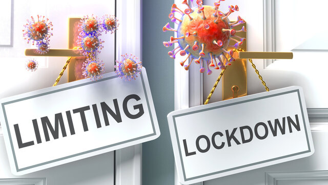 Covid limiting or lockdown - virus pandemic outcome and two future alternatives presented as 'limiting' and 'lockdown' door handle labels, 3d illustration