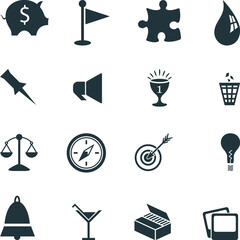 Fototapeta premium flag, drop, business icon, pin, announce, cup, basket, balanced, clock, target, idea, lamp, bill, match, photo, saving, flat icon