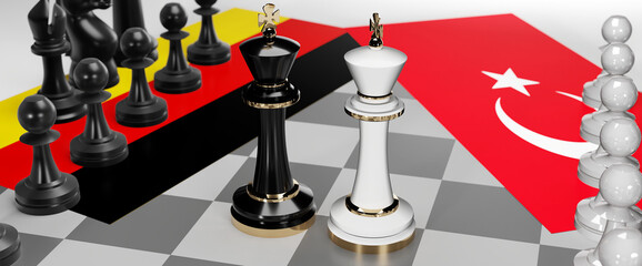 Germany and Turkey - talks, debate, dialog or a confrontation between those two countries shown as two chess kings with flags that symbolize art of meetings and negotiations, 3d illustration