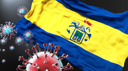 Guadalajara Mexico and covid pandemic - virus attacking a city flag of Guadalajara Mexico as a symbol of a fight and struggle with the virus pandemic in this city, 3d illustration