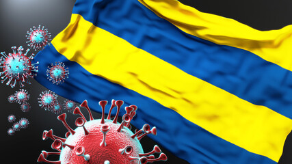 Franeker and covid pandemic - virus attacking a city flag of Franeker as a symbol of a fight and struggle with the virus pandemic in this city, 3d illustration