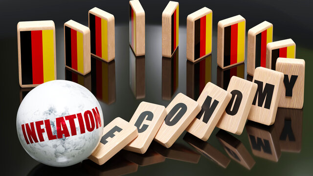 Germany and inflation, economy and domino effect - chain reaction in Germany set off by inflation causing a crash - economy blocks and Germany flag, 3d illustration