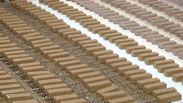 automated chocolate wafer baking production line at a confectionery factory. section of the conveyor of the machine for the manufacture of multilayer wafers with chocolate filling. Sweet treat.
