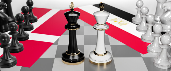 Denmark and Egypt - talks, debate, dialog or a confrontation between those two countries shown as two chess kings with flags that symbolize art of meetings and negotiations, 3d illustration
