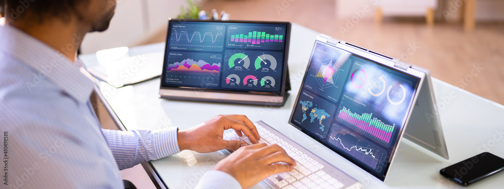 Poster African Businessman Using Analytics Data KPI Dashboard