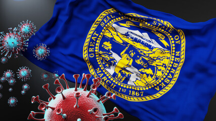 Nebraska and covid pandemic - virus attacking a state flag of Nebraska as a symbol of a fight and struggle with the virus pandemic in this state, 3d illustration