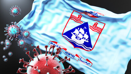Haifa and covid pandemic - virus attacking a city flag of Haifa as a symbol of a fight and struggle with the virus pandemic in this city, 3d illustration