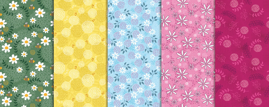 Kollektion von Blume, Blumenwiese, Bl&uuml;te und Biene Muster, nahtlos, farbenfrohe Blumenmuster f&uuml;r Fr&uuml;hling, Ostern und Sommer f&uuml;r Druck, Mode, Fashion, Geschenkpapier und Verpackung