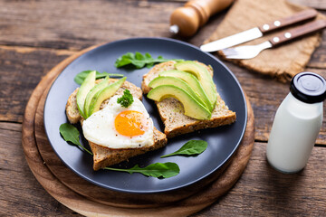 Sliced Avocado on Whole Wheat Toast, Avocado Sandwich with Fried Egg On black plate on the wooden table