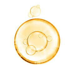 golden miracle yellow bubble oil or serum isolated on white background. Beauty and skincare - obrazy, fototapety, plakaty
