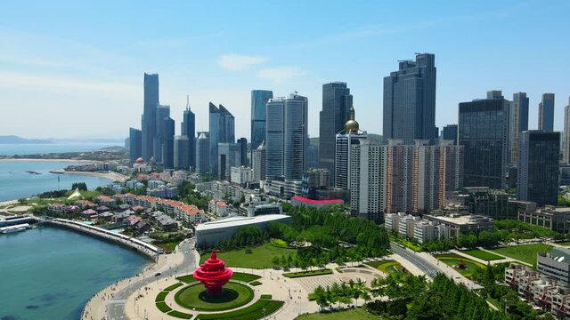 Aerial photography Qingdao seaside buildings landscape skyline