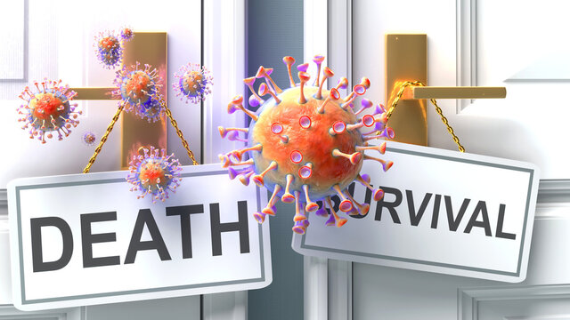 Covid death or survival - virus pandemic outcome and two future alternatives presented as 'death' and 'survival' door handle labels, 3d illustration