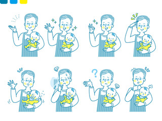 赤ちゃんを抱っこするシニア男性の表情セット