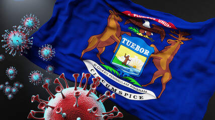 Michigan and covid pandemic - virus attacking a state flag of Michigan as a symbol of a fight and struggle with the virus pandemic in this state, 3d illustration