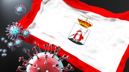 Gijon and covid pandemic - virus attacking a city flag of Gijon as a symbol of a fight and struggle with the virus pandemic in this city, 3d illustration