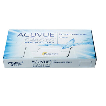 Acuvue oasys contact lens packaging is isolated on a white background.