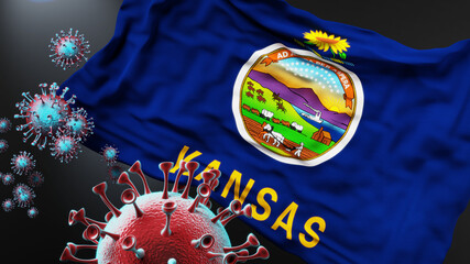Kansas and covid pandemic - virus attacking a state flag of Kansas as a symbol of a fight and struggle with the virus pandemic in this state, 3d illustration