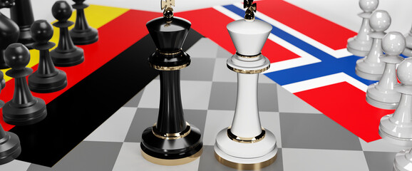 Germany and Norway - talks, debate, dialog or a confrontation between those two countries shown as two chess kings with flags that symbolize art of meetings and negotiations, 3d illustration