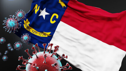 North Carolina and covid pandemic - virus attacking a state flag of North Carolina as a symbol of a fight and struggle with the virus pandemic in this state, 3d illustration