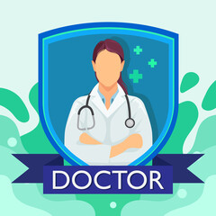 shield and female doctor with liquids background, logo design vector illustration