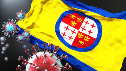 Harlingen and covid pandemic - virus attacking a city flag of Harlingen as a symbol of a fight and struggle with the virus pandemic in this city, 3d illustration