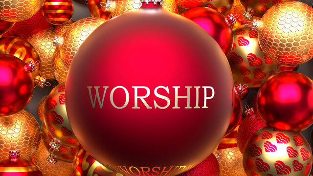 Christmas Worship - dozens of golden rich and red Holiday ornaments with a Worship red ball in the middle, 3d illustration
