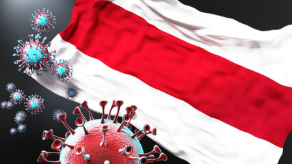 Enschede and covid pandemic - virus attacking a city flag of Enschede as a symbol of a fight and struggle with the virus pandemic in this city, 3d illustration