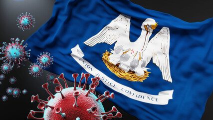 Louisiana and covid pandemic - virus attacking a state flag of Louisiana as a symbol of a fight and struggle with the virus pandemic in this state, 3d illustration