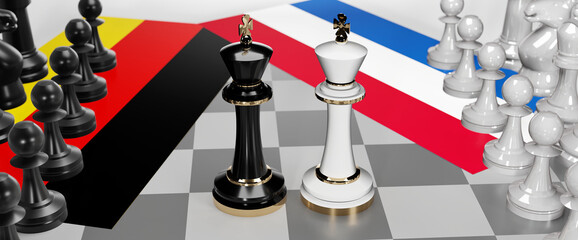 Germany and Netherlands - talks, debate, dialog or a confrontation between those two countries shown as two chess kings with flags that symbolize art of meetings and negotiations, 3d illustration