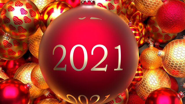 Christmas 2021 - dozens of golden rich and red Holiday ornaments with a 2021 red ball in the middle, 3d illustration