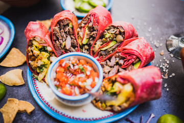 Six delicious burritos and cup of pico de gallo on dark surface