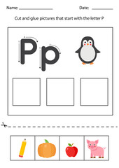 Letter recognition for kids. Cut and glue. Letter P.