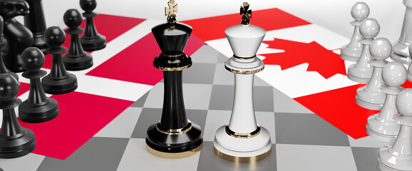 Denmark and Canada - talks, debate, dialog or a confrontation between those two countries shown as two chess kings with flags that symbolize art of meetings and negotiations, 3d illustration