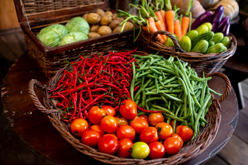 tomato, red chilli, long beans and other vegetables