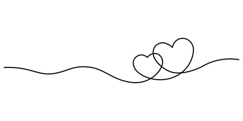 Continuous line drawing of love sign with two hearts embrace with isolated on white background.