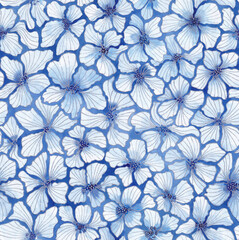 Vintage watercolor floral seamless pattern. Hand drawn abstract blue flowers with silver contours on textured blue background. Ornate template for design, textile, wallpaper, ceramics.
