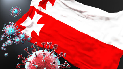 Elblag and covid pandemic - virus attacking a city flag of Elblag as a symbol of a fight and struggle with the virus pandemic in this city, 3d illustration