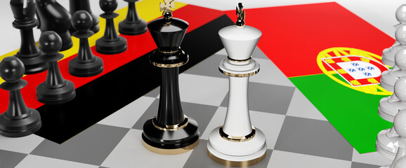 Germany and Portugal - talks, debate, dialog or a confrontation between those two countries shown as two chess kings with flags that symbolize art of meetings and negotiations, 3d illustration